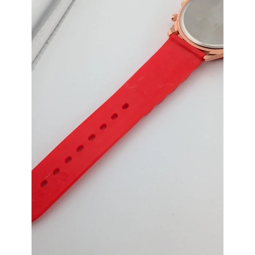 Geneva Watch Women 38mm Rose Gold‎ Case Red Silicone Band- New Battery